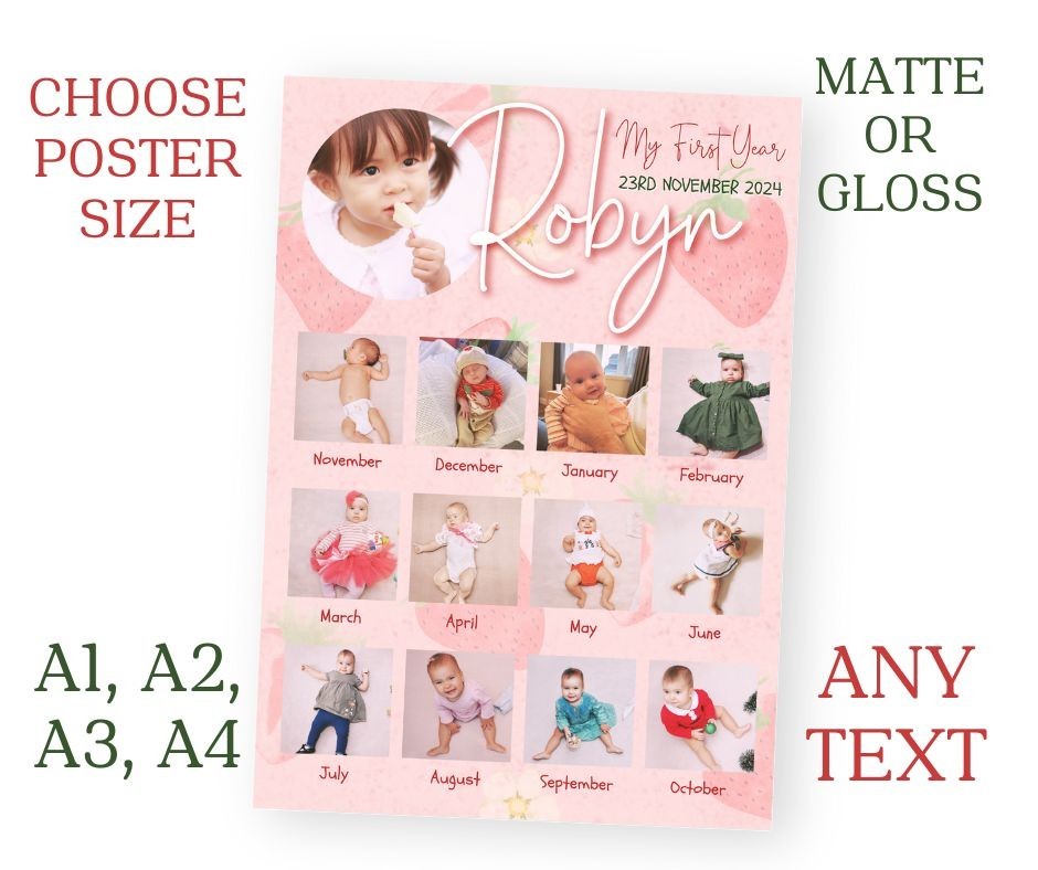 Personalised 12 Months Of Photos StrawBerry 1st Birthday Sign POSTER A1 A2 A3