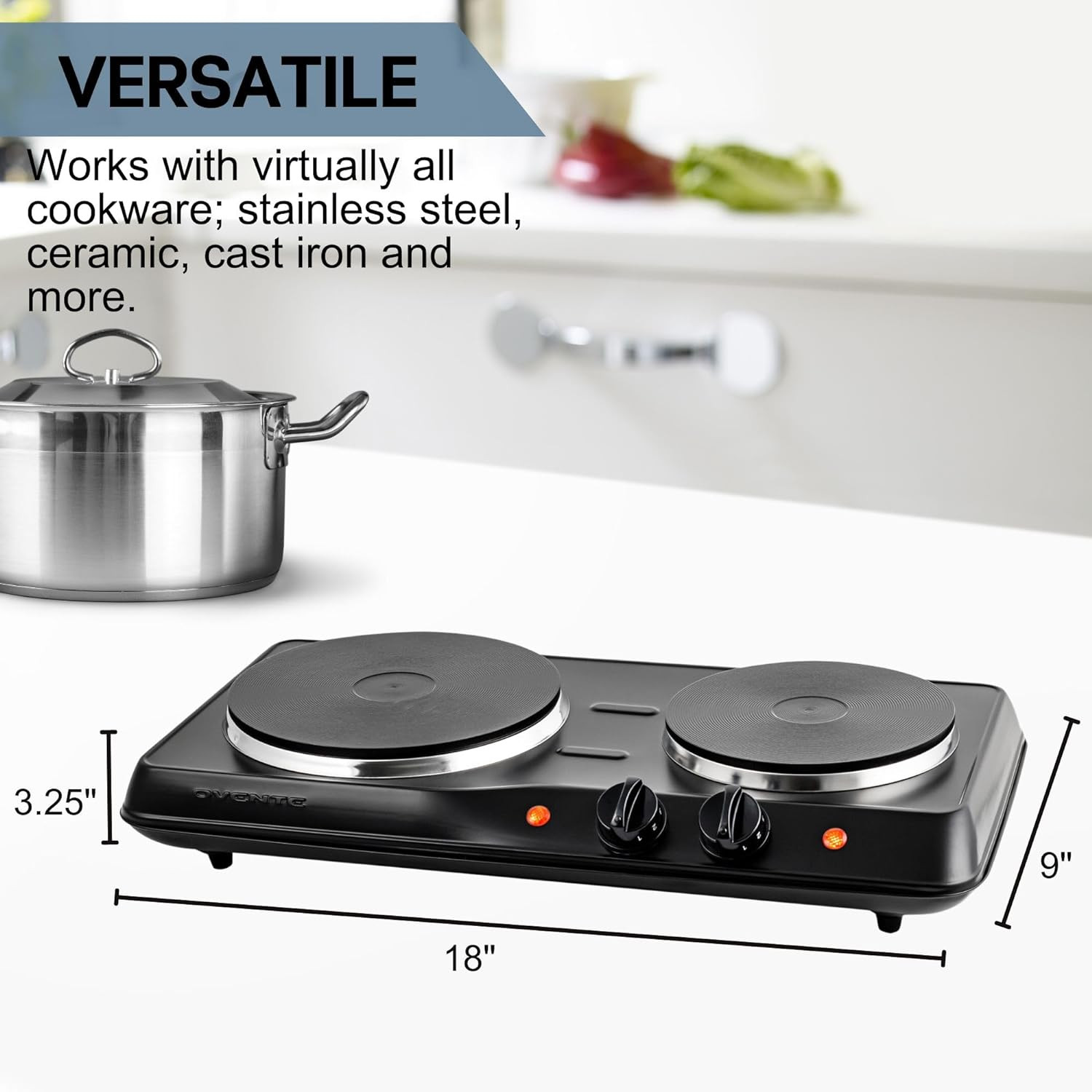 Electric Countertop Double Burner, 1700W Cooktop with 7.25″ and 6.10″ Cast Iron