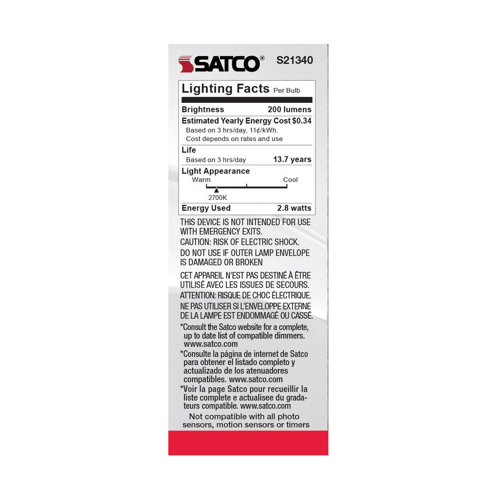 Satco S21340 LED Filament Tube 120V 2.8W =25W T6 Candelabra E12 2700K Warm White