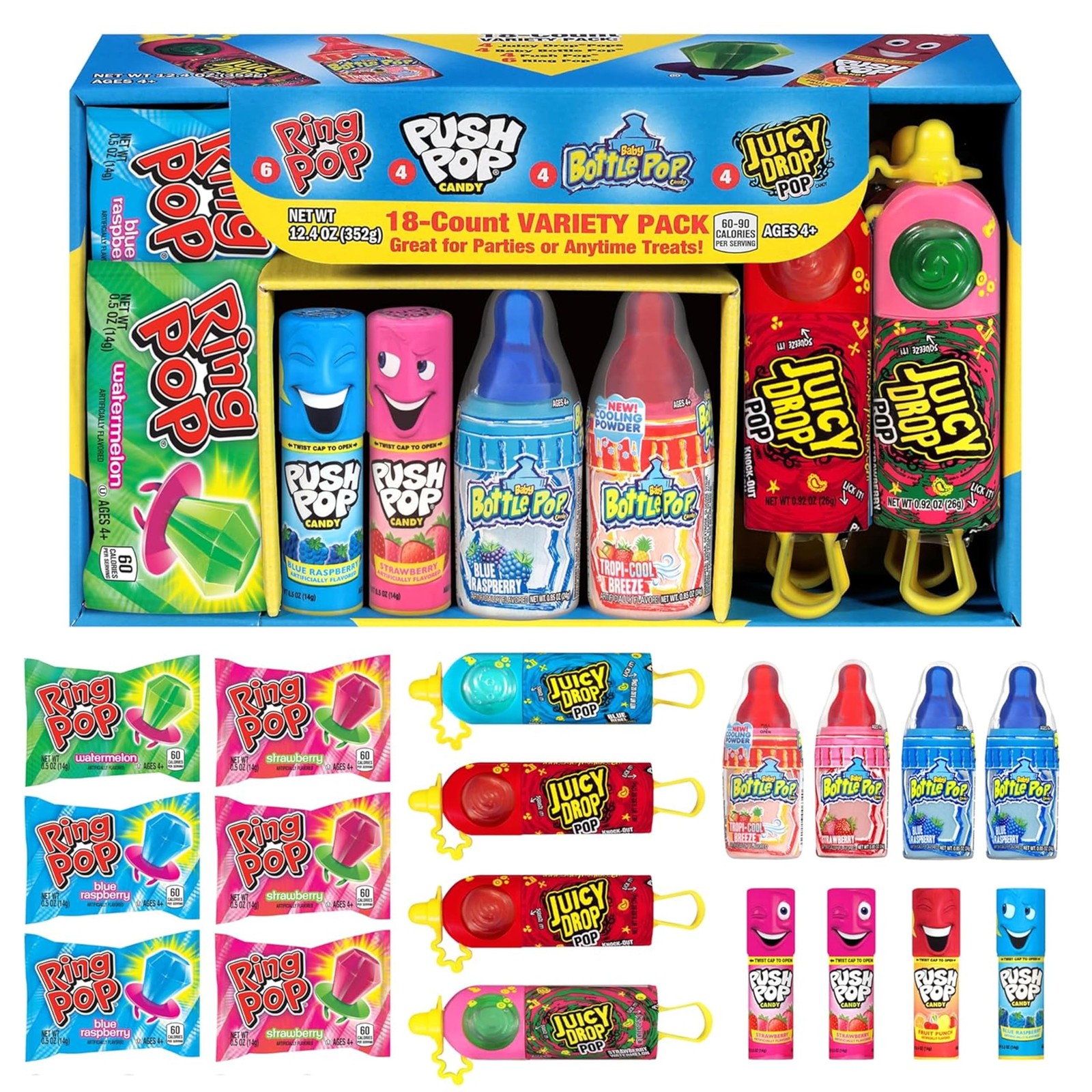 18ct Assorted Lollipops Bulk Individually Wrapped Ring Pop, Push Pop 1.7lb