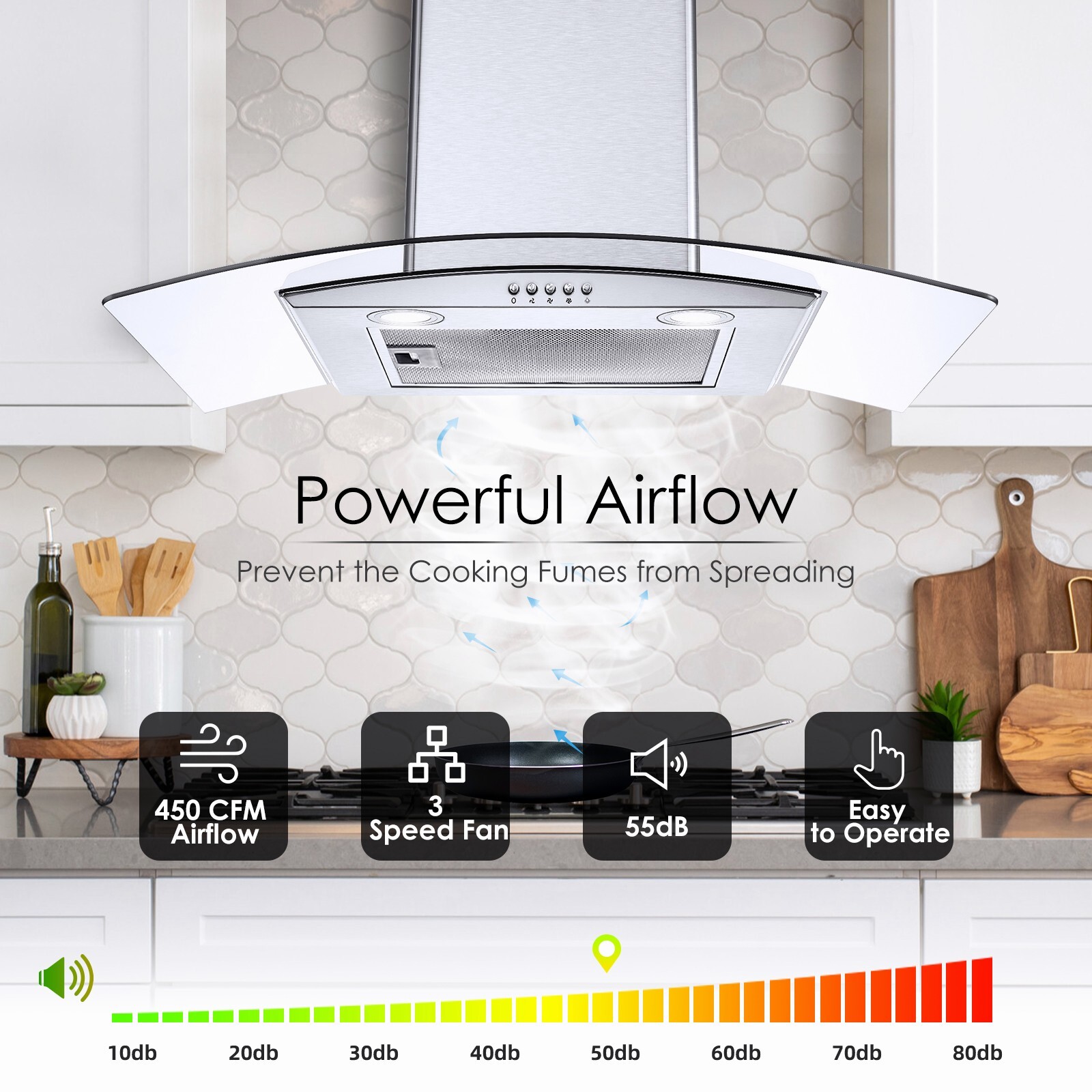 30in Kitchen Wall Mount Range Hood 450CFM Tempered Glass Vented 3-Speed Fan New
