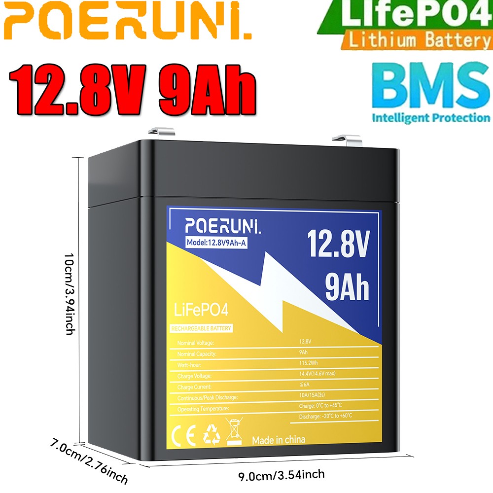 12V 9Ah LiFePO4 Lithium Battery Built-in BMS Deep Cycle For Solar Off-Grid RV
