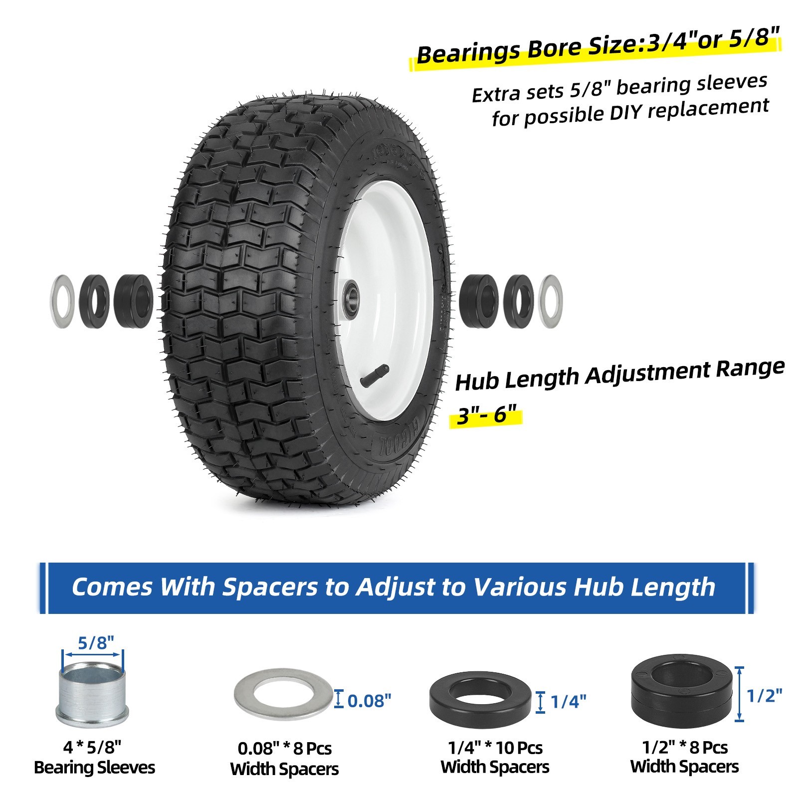 2-Set 16 x 6.50-8 Garden Tractor Riding Lawn Mower Rubber Pneumatic Tire & Wheel