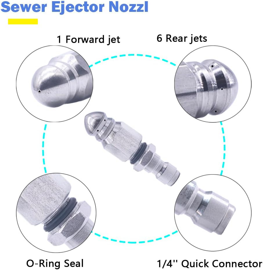 High-Pressure Sewer Jetter Nozzle with Stainless Steel 1/4 Connector 5000 PSI
