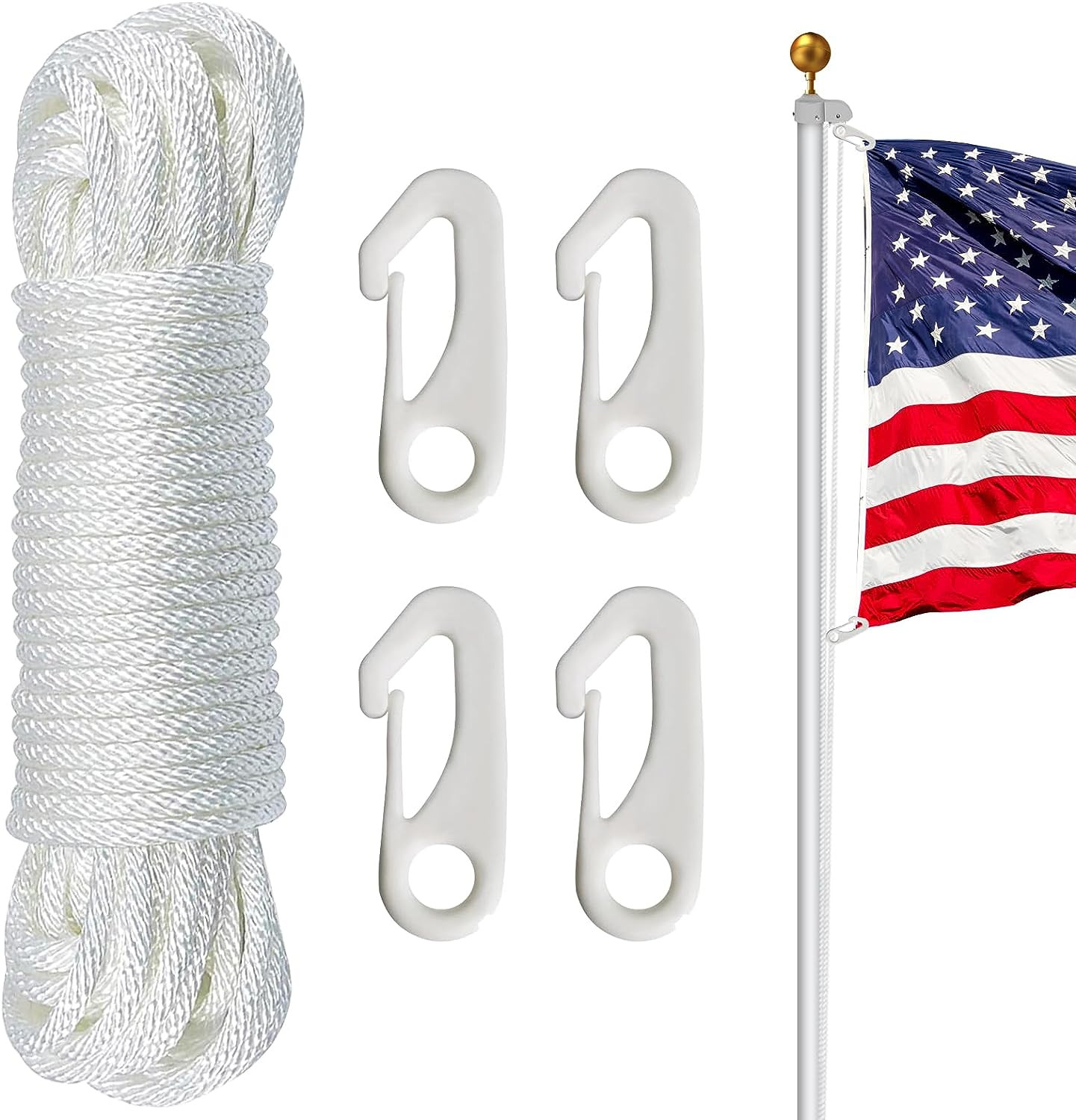 Flag Pole Rope Kit – 50 Feet x 1/4″ Diameter Flag Pole Halyard Nylon Rope with 4