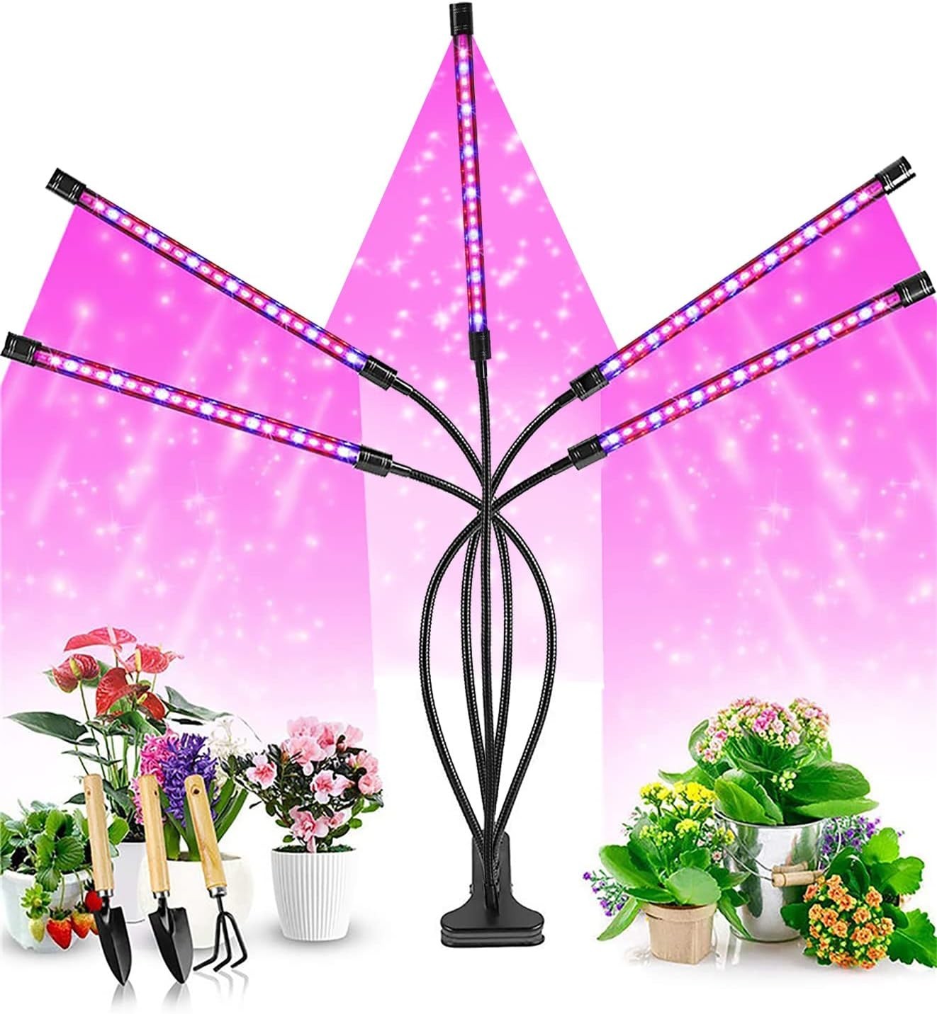 5-Head LED Grow Light Full Spectrum for Indoor Plants, Auto Timer, 10 Brightness