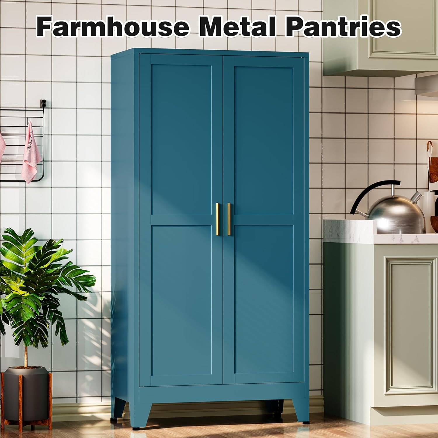 61”H Metal Pantry Storage Cabinet, Adjustable Shelves, For Kitchen, Office,Blue