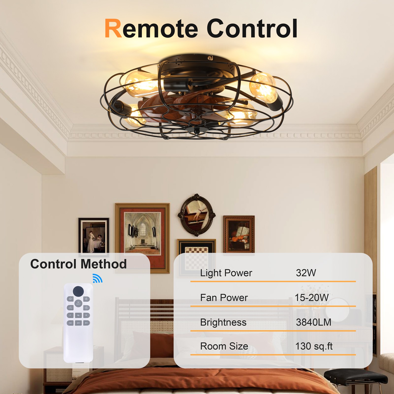 19.7″ Ceiling Fan Light 6-Speed Low Noise 30 dB for Bedroom/Living Room Kitchen