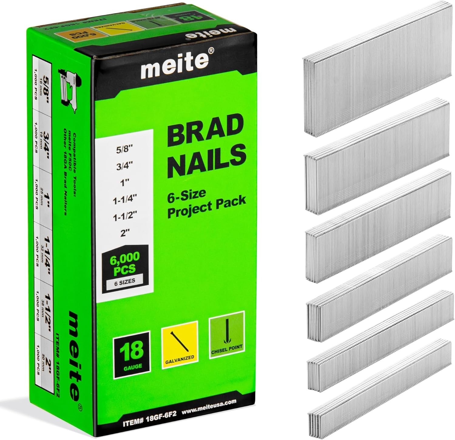 6,000 Counts 18GA Brad Nails 6 Sizes (5/8″, 3/4″, 1″, 1-1/4″, 1-1/2″, 2″) Gal.