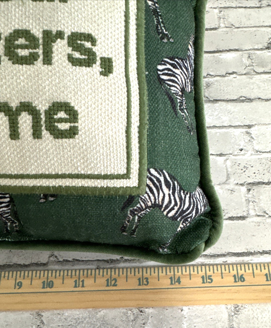Needlepoint Decorative Throw Pillow Rectangular Green Ivory Zebra JUST NOT TO ME