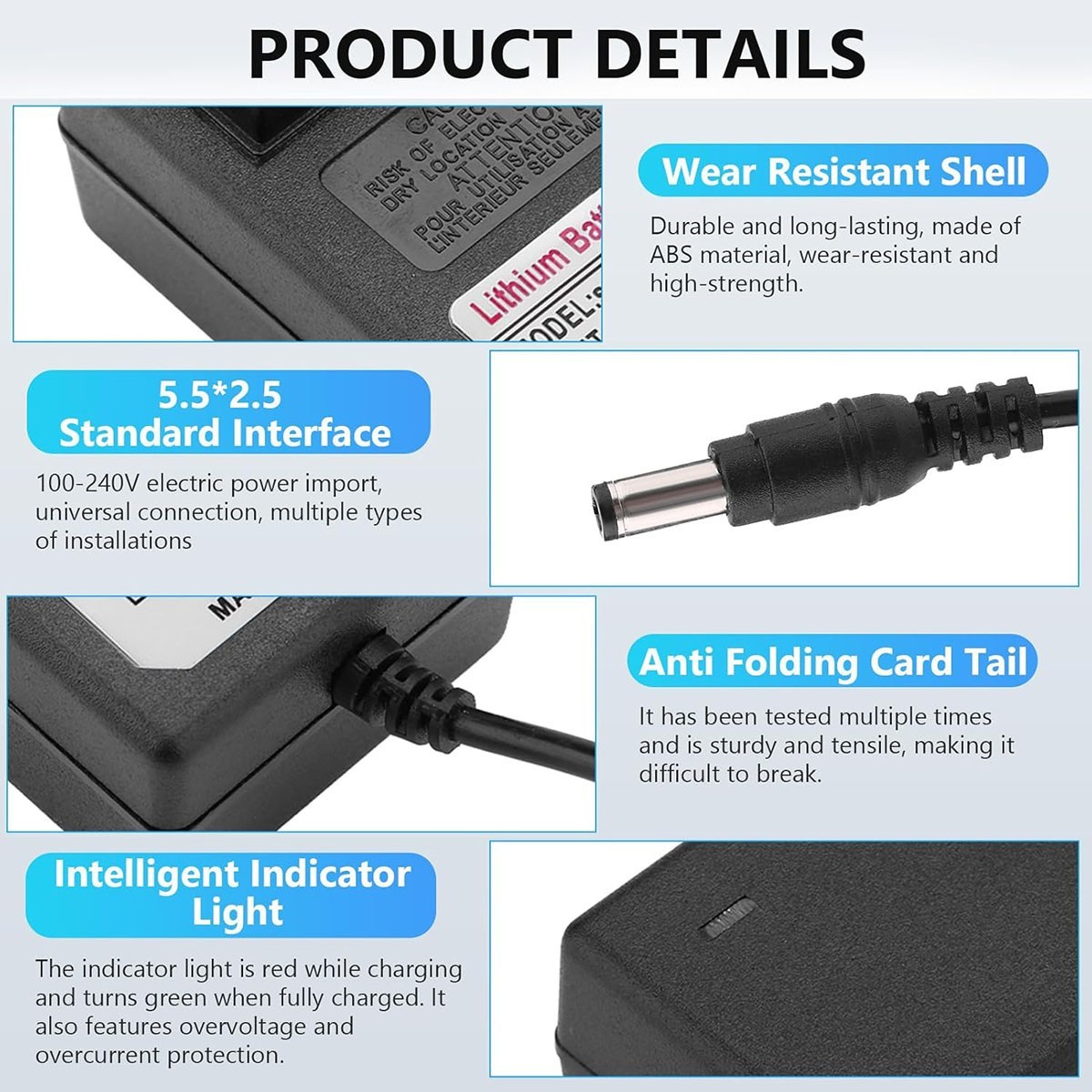 21V 2A Lithium Battery Charger Adapter for Headlight, Toy Car, Electric Drills