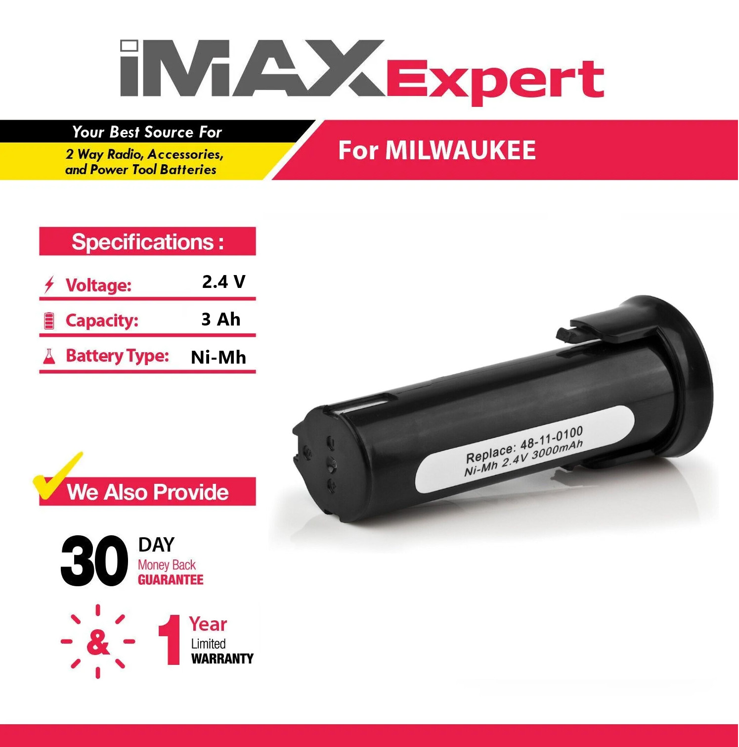 2.4V 3Ah NiMh Battery for Milwaukee 48-11-0100 6538-1 6539-1 6539-6 6540-1