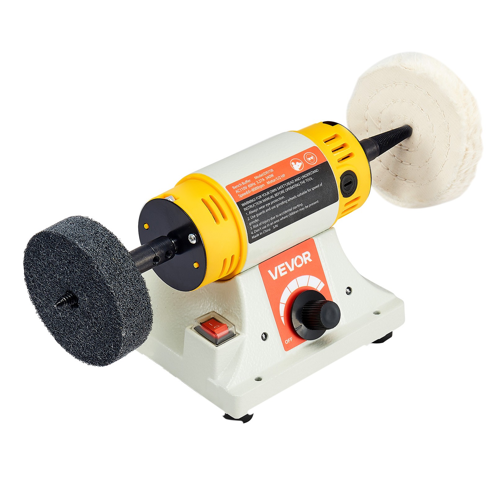 VEVOR 1/2HP Bench Buffer Polisher 0 to 8000RPM with 3-inch & 4-inch Wheels