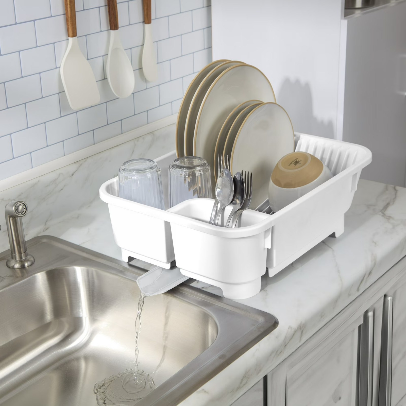 Self Draining Dish Drying Rack with Spout Countertop Kitchen Sink Drainer White