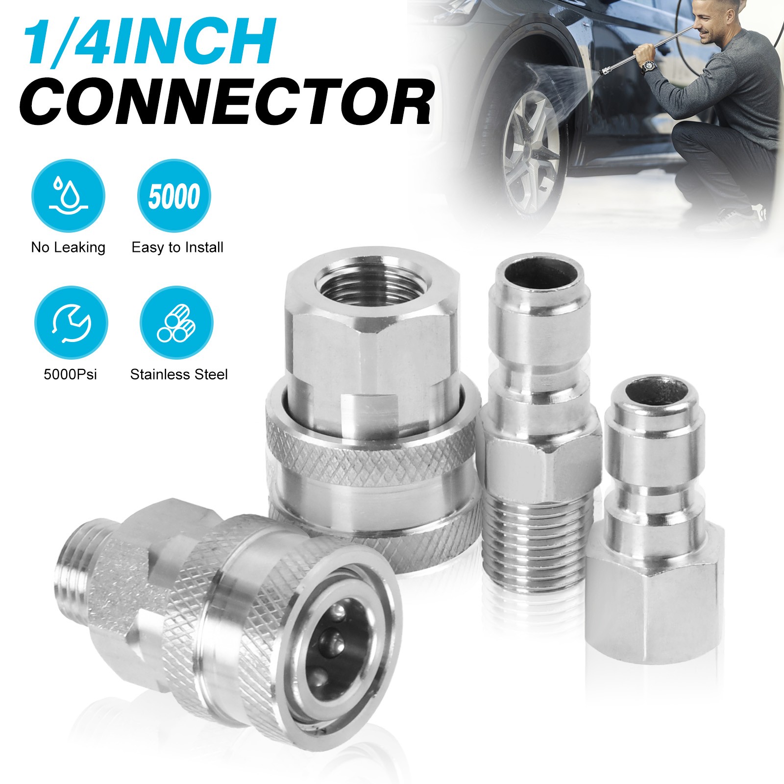 2 Sets NPT 1/4 Inch Pressure Washer Coupler Quick Connect Plug Fitting Adapter