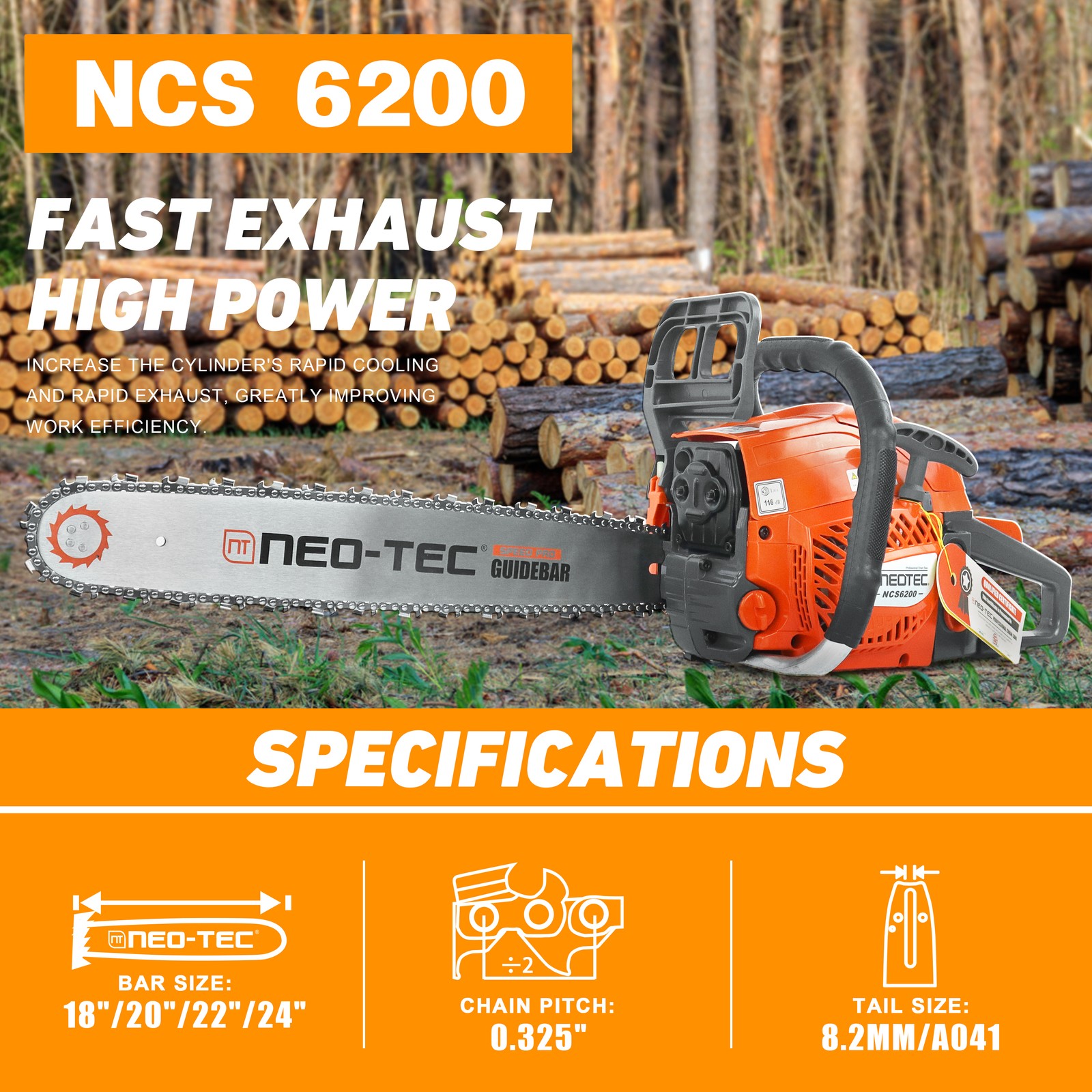 62cc Gas Powered Chainsaw with 20” Guide Bar Saw Chain 2-Stroke Engine Cut Wood