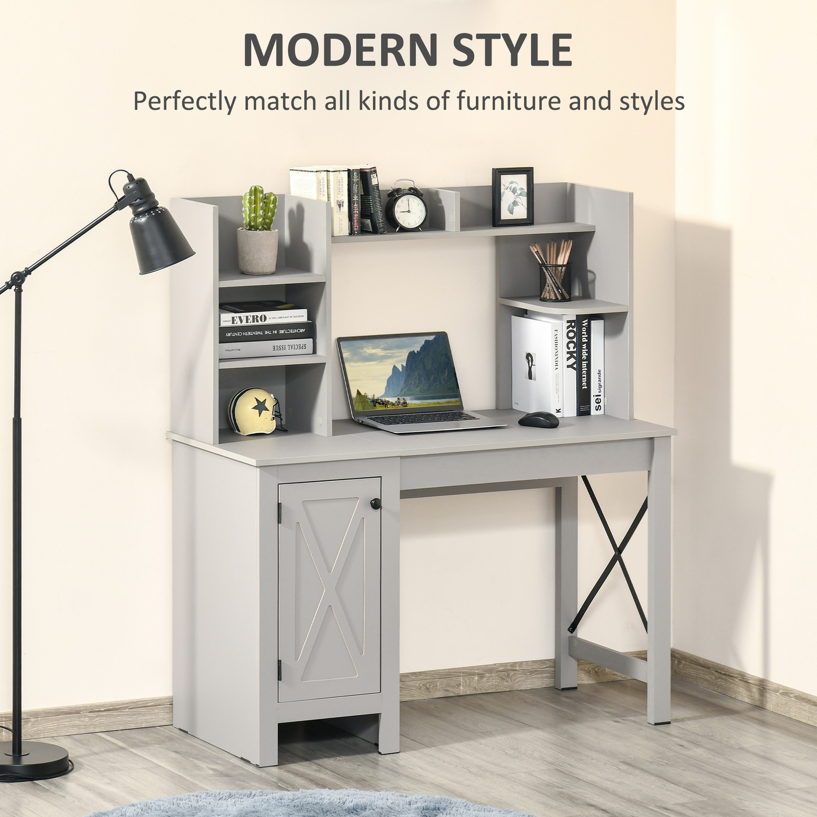 Farmhouse Computer Desk W/ Hutch Tabletop Cabinet, Home Office Study, Light Grey
