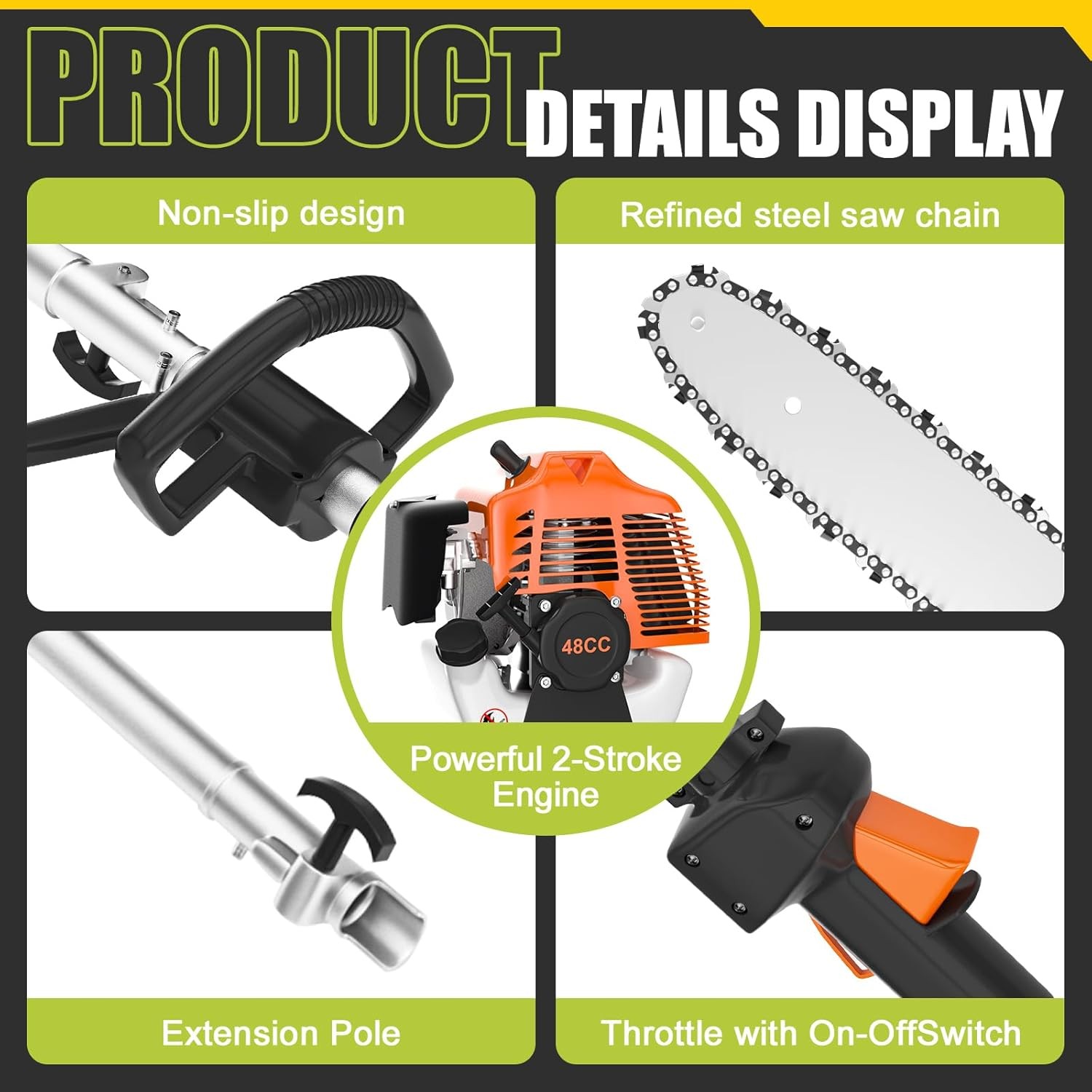 48cc 2-Cycle Gas Powered Pole Saw Tree Trimming 16ft Cordless Extension Chainsaw