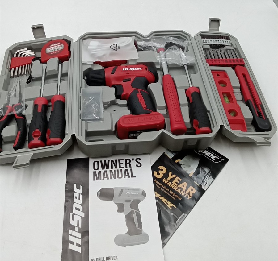 Hi-Spec Drill Set 58Pc Red Tool Set 8V USB Electric Drill Driver DT30336