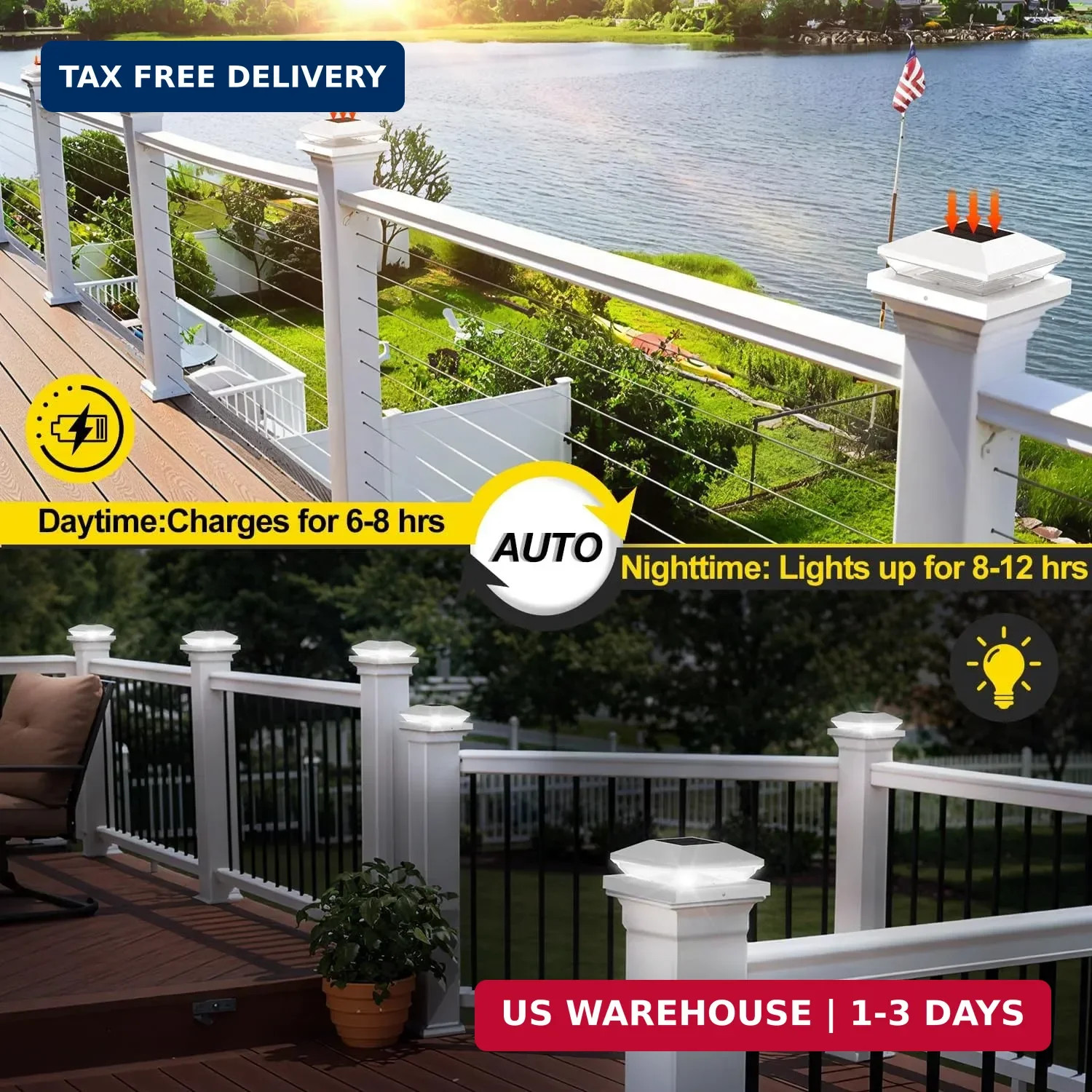 T-SUN Solar Post Cap Lights Outdoor 6 Pack, 2 Modes LED Fence Post Solar Lights