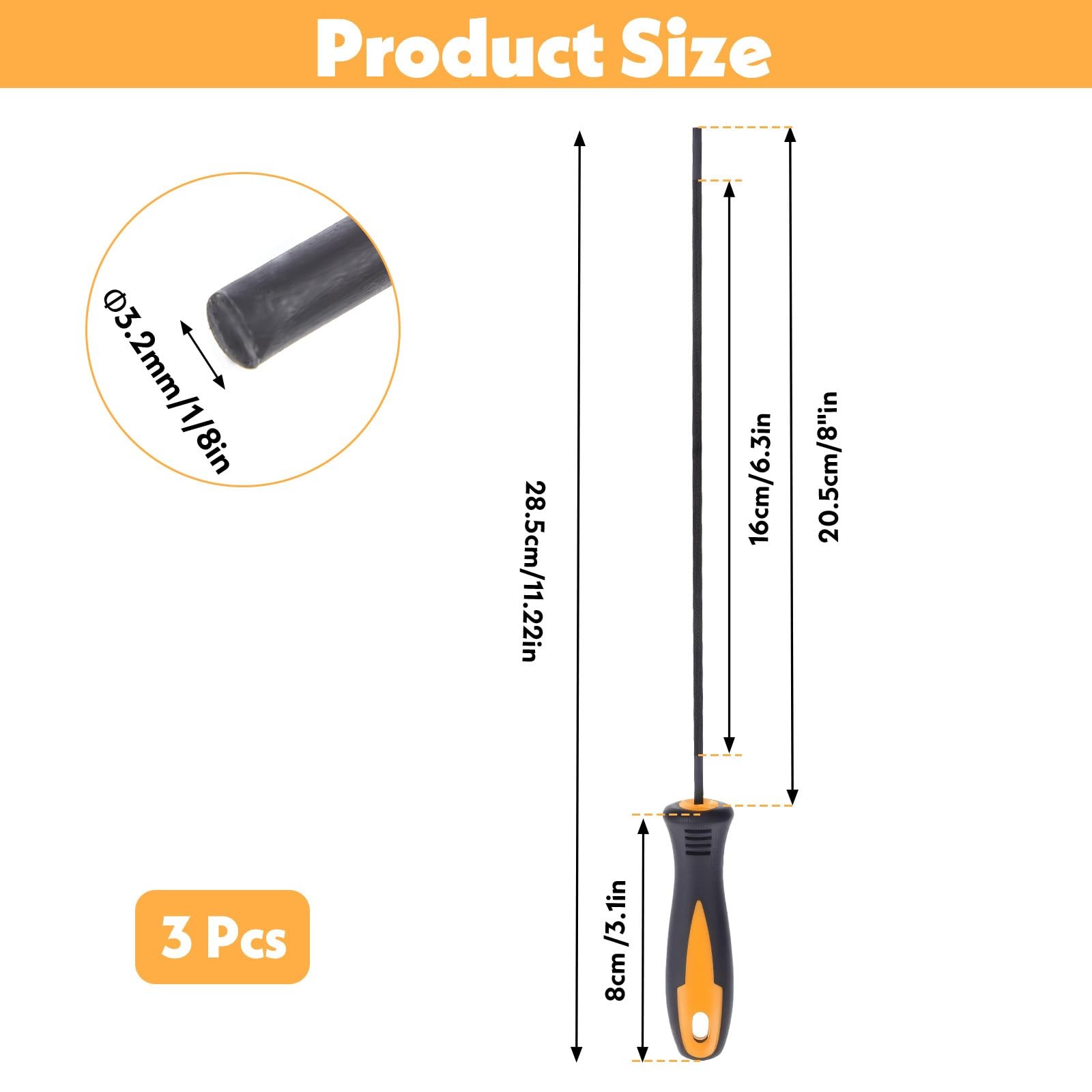 3 Pcs 1/8 Inch Chainsaw Round Files 3.2mm Black Chain Sharpening File Set