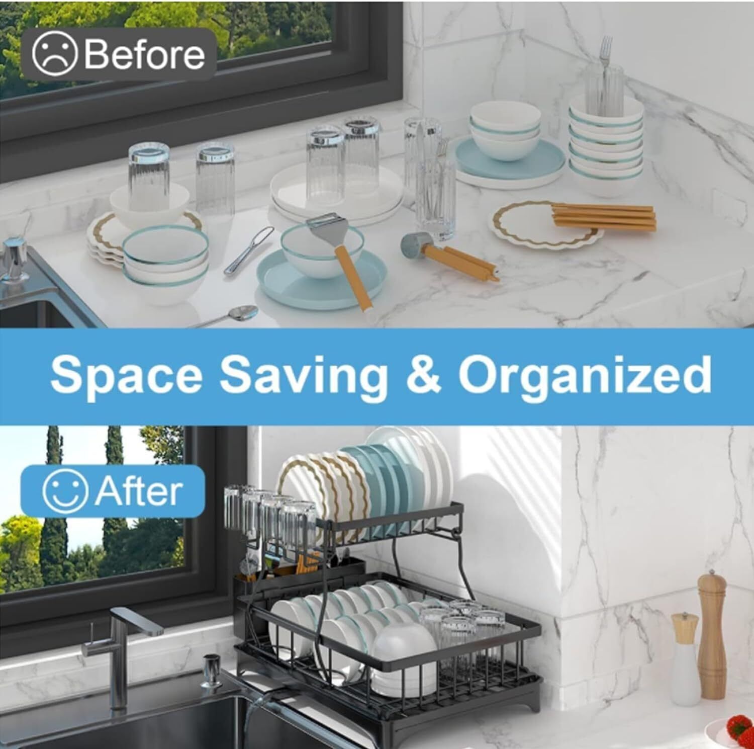 2 Tier Over Sink Dish Drying Rack Stainless Steel Kitchen Dish Drainer Organizer