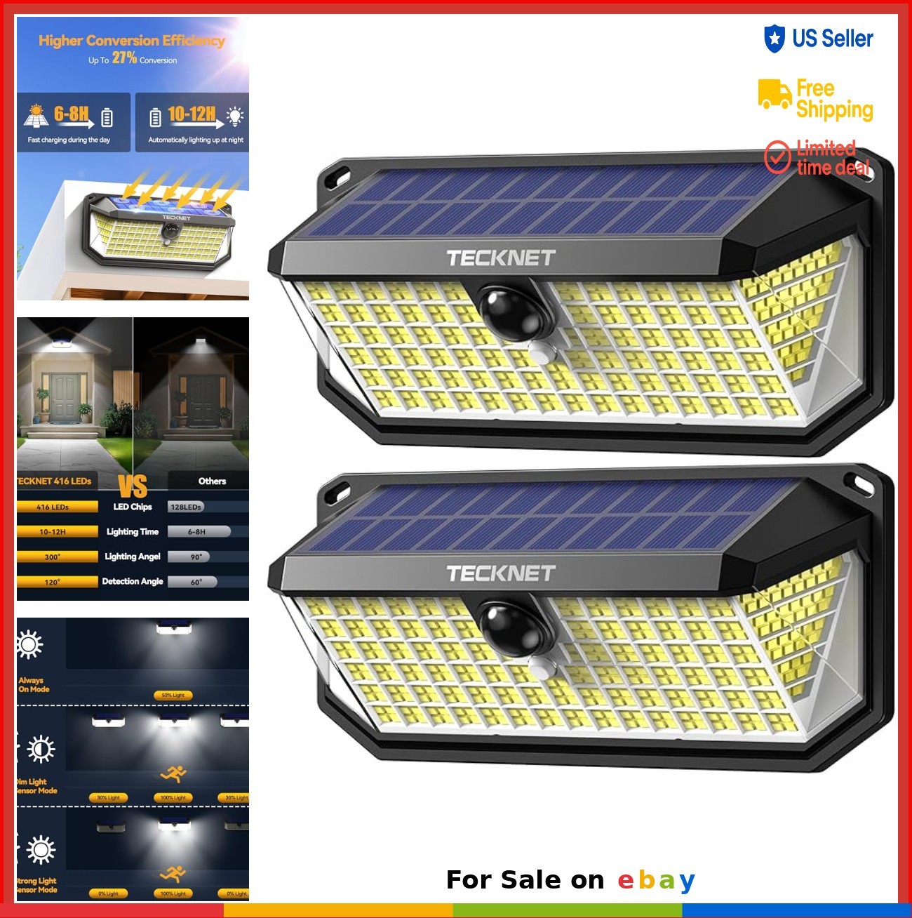 Solar LED Motion Sensor Outdoor Lights 4200lm 300 Degree 2 Pack Wall Mount