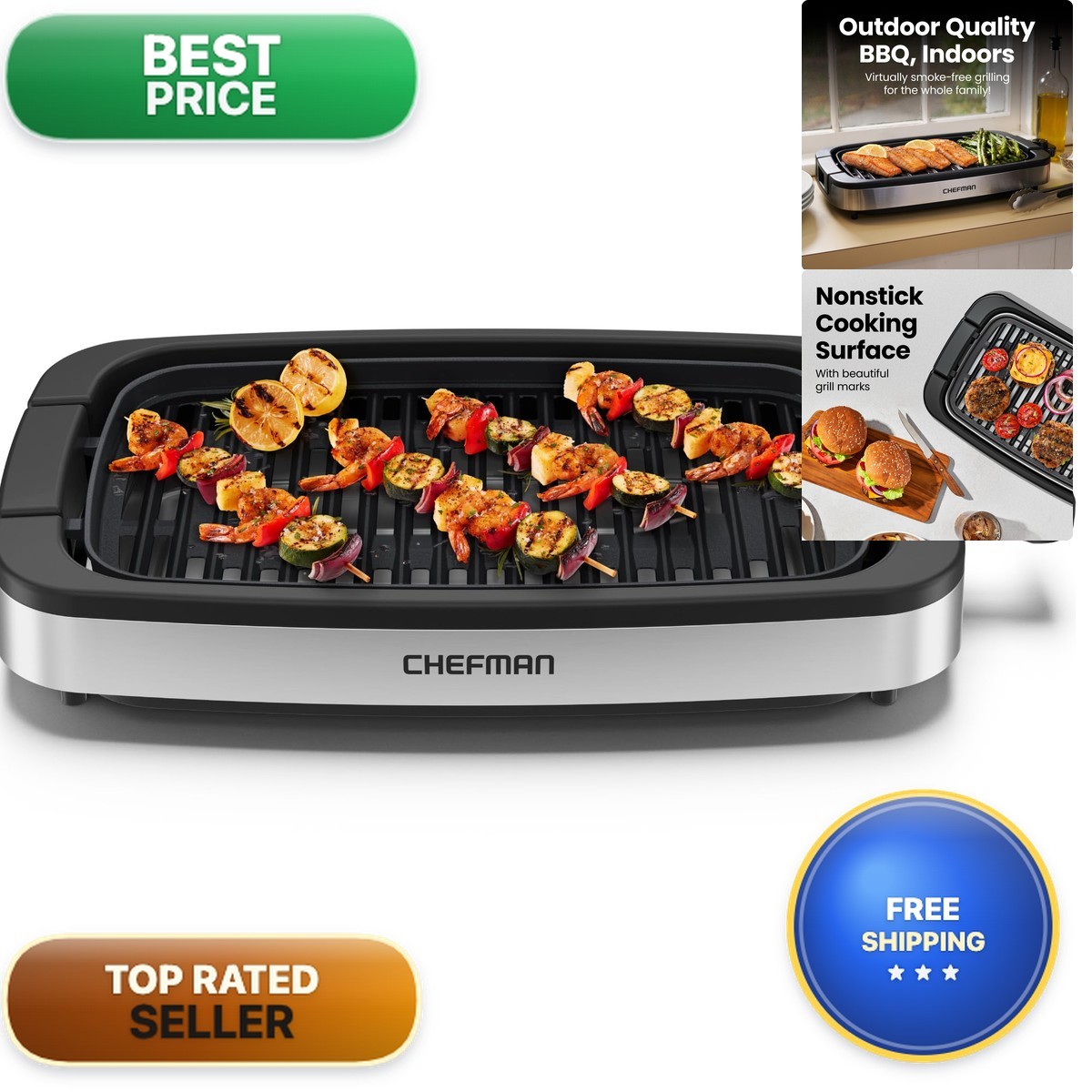 Chefman RJ23-SPG-SS Smokeless Indoor Electric Grill with Adjustable Temperature