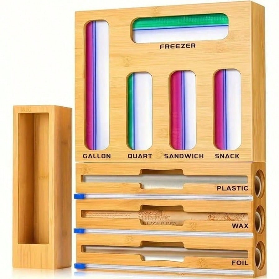 TAIMASI 9 In 1 Bamboo Drawer Organizer Foil Plastic Wrap Storage Bag Cutter