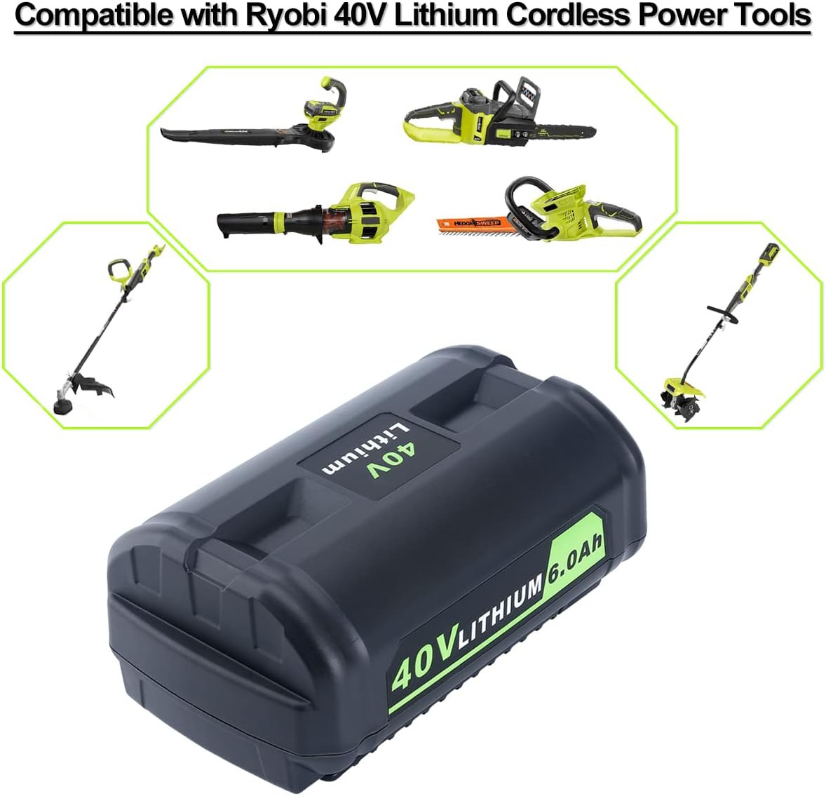 6.0Ah Battery 40 Volt for Ryobi 40V Lithium OP40602 Battery with LED / Charger