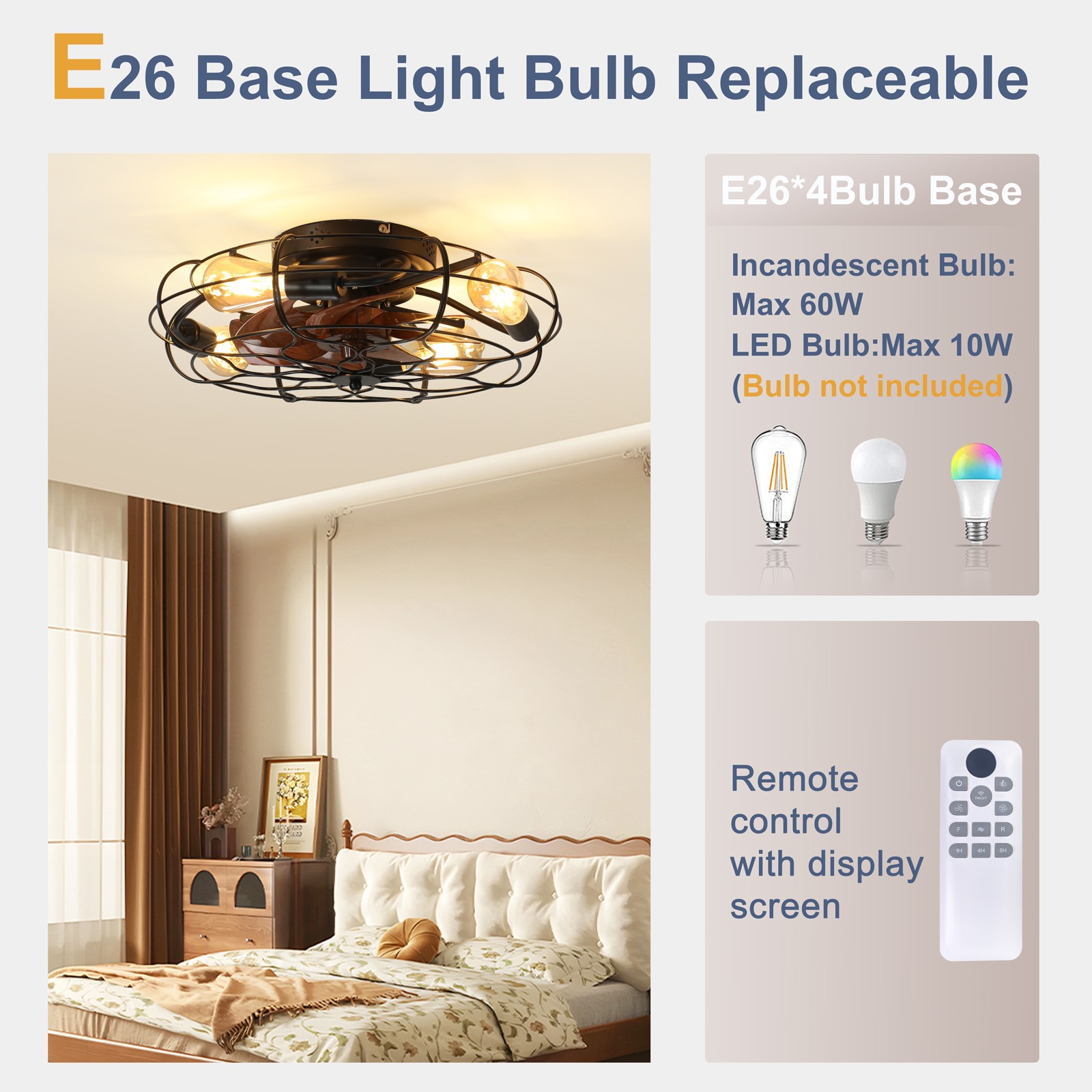19.7″ Ceiling Fan Light 6-Speed Low Noise 30 dB for Bedroom/Living Room Kitchen