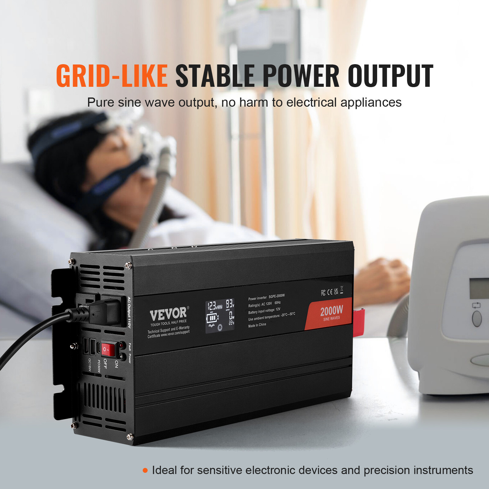 VEVOR Pure Sine Wave Power Inverter 2000W DC12V to AC120V LCD Remote Control CE