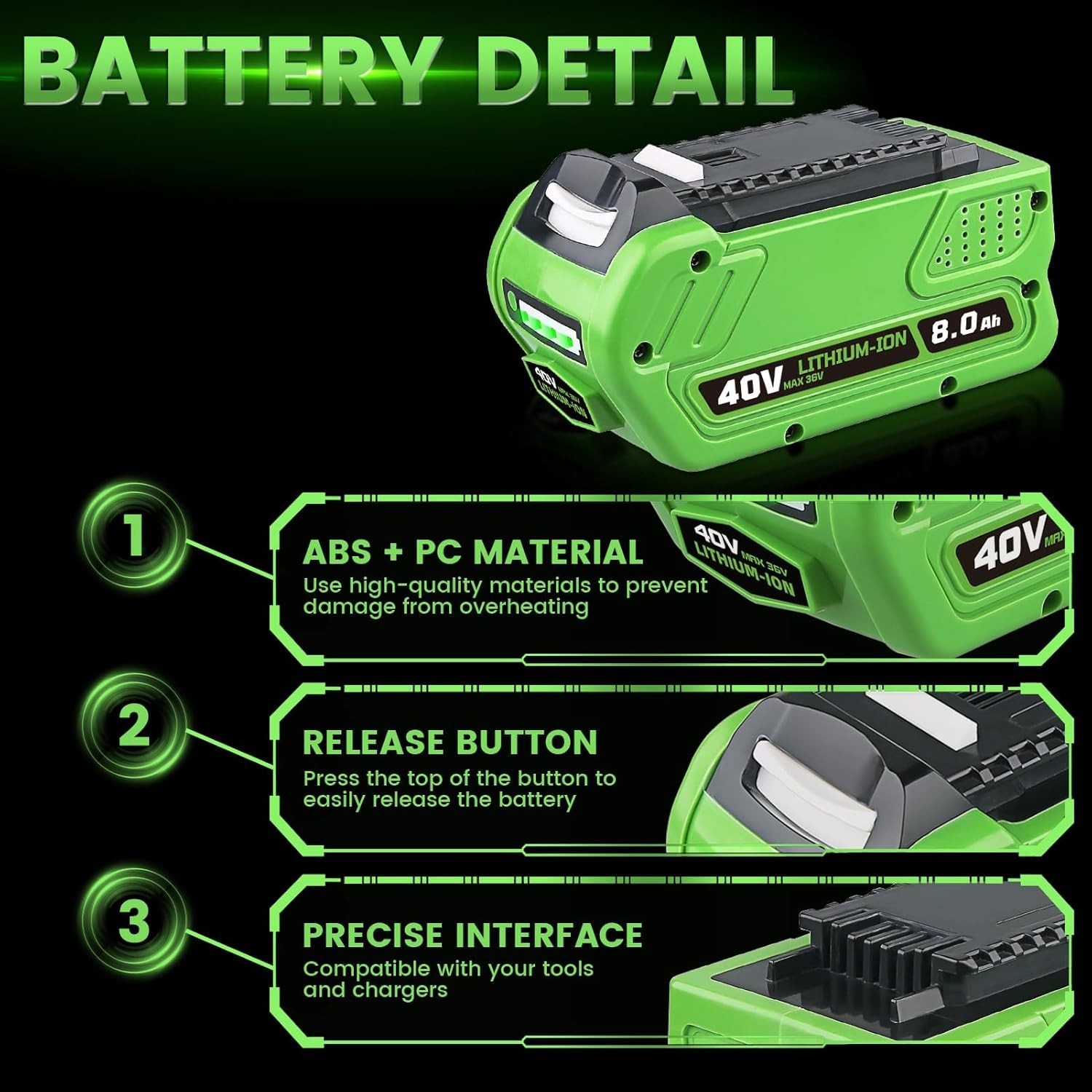 40V 8.0Ah Lithium Battery For Greenworks G-MAX 40 Volt 29472 29462 29252 20202