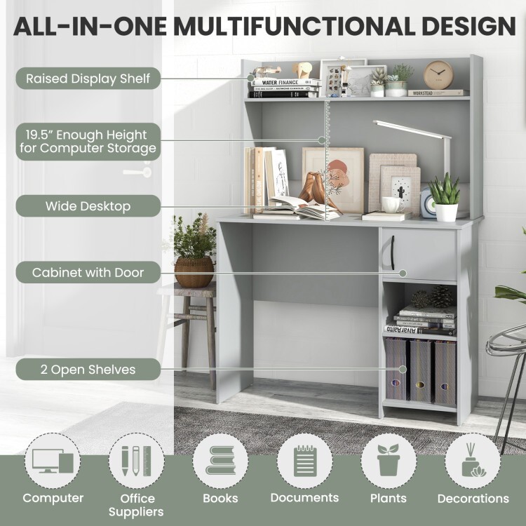 Home Office Study Computer Desk & Door Cabinet Raised Display Shelf 2 Open Shelf