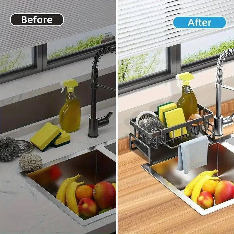 Black Plastic Kitchen Sink Sponge Organizer Rack with Towel Holder Rust Free