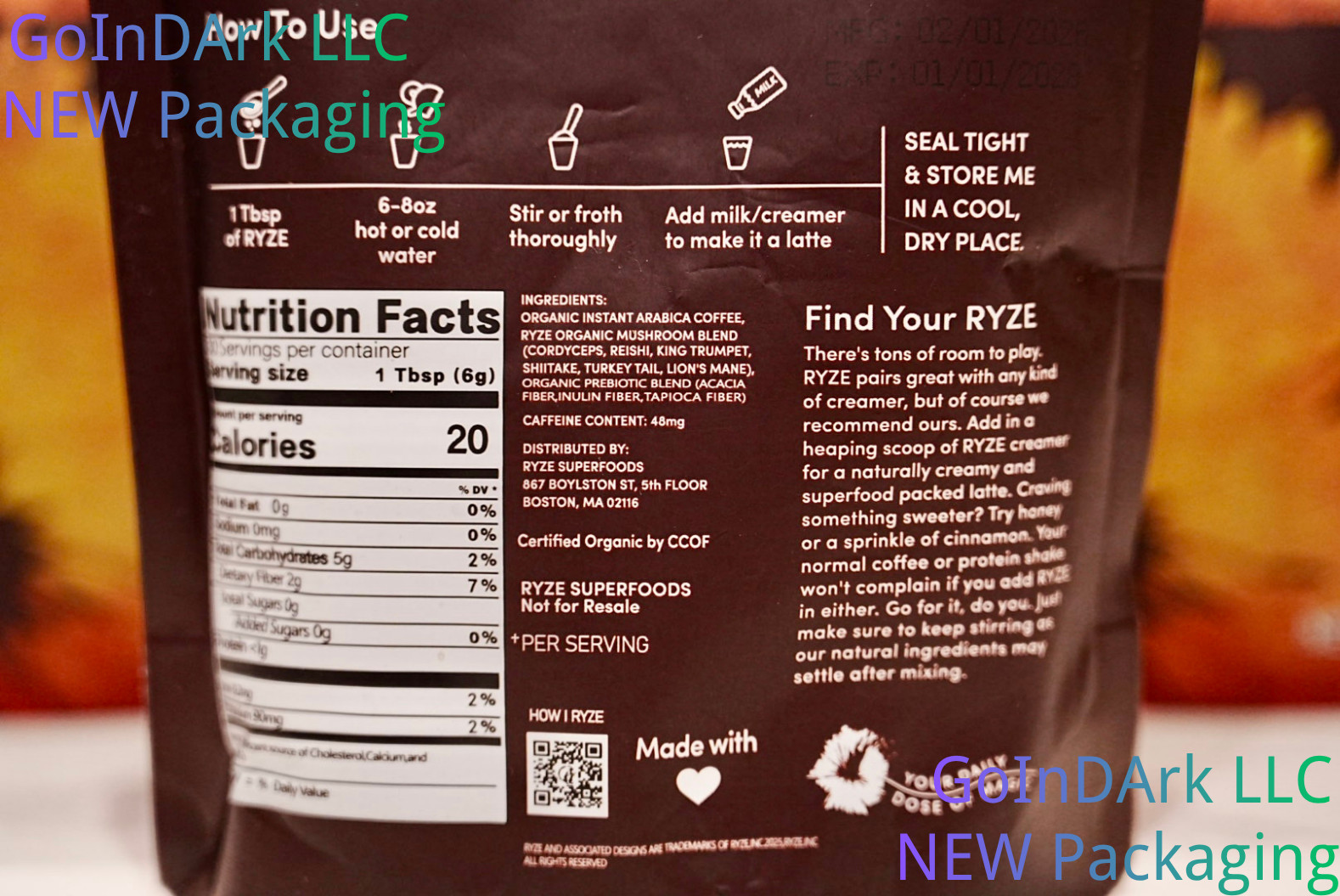 NEW Organic Ryze Mushroom Coffee, 30 Servings/Bag, Instant, Free Shipping