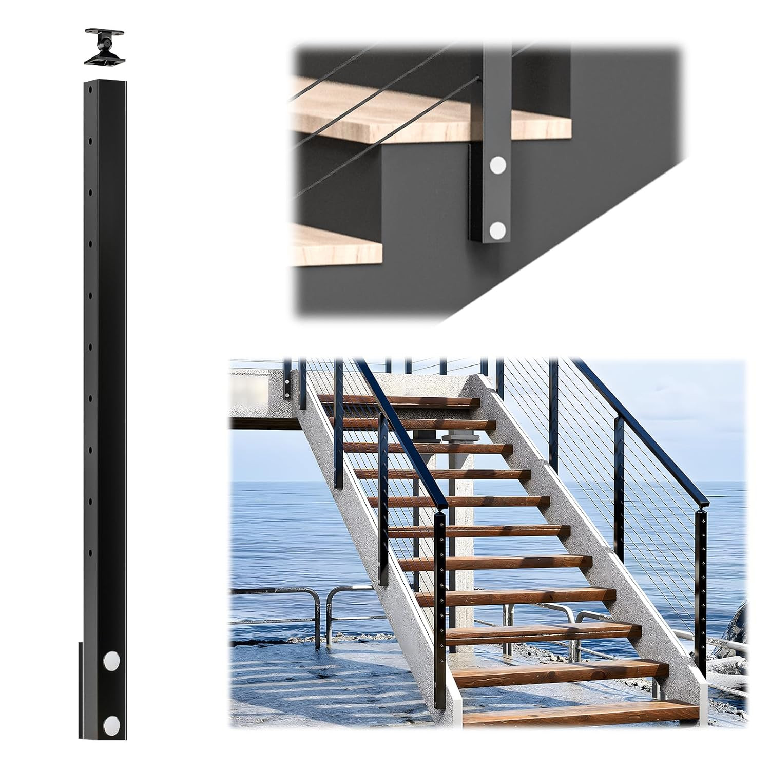Aluminum Black Side Mount Stair Cable Railing Post 36 Inch for 25-35 Degrees Sta