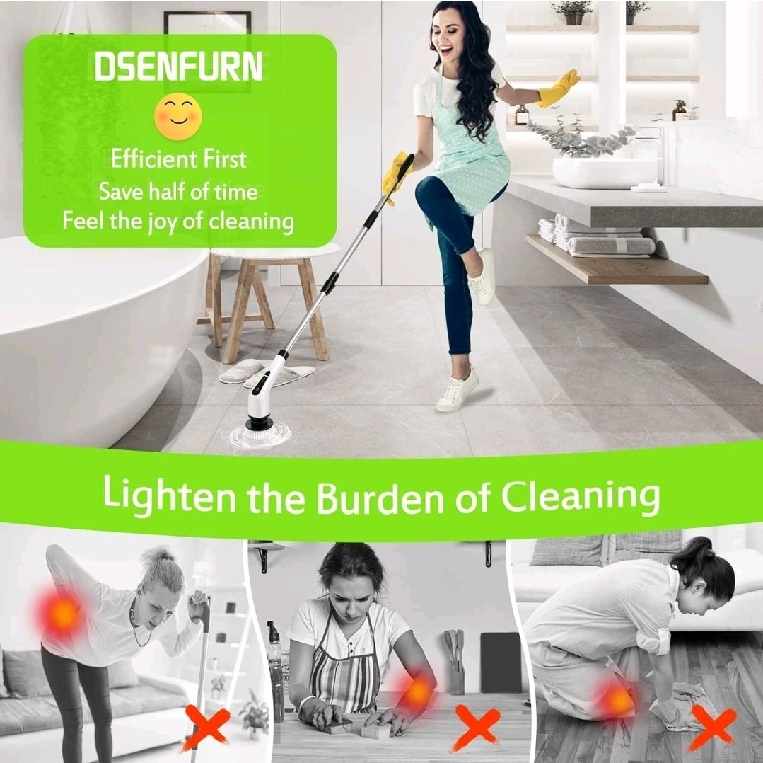 7in1 Electric Spin Scrubber Cordless Bathroom Tub Scrubber w/ Long Handle 8Head