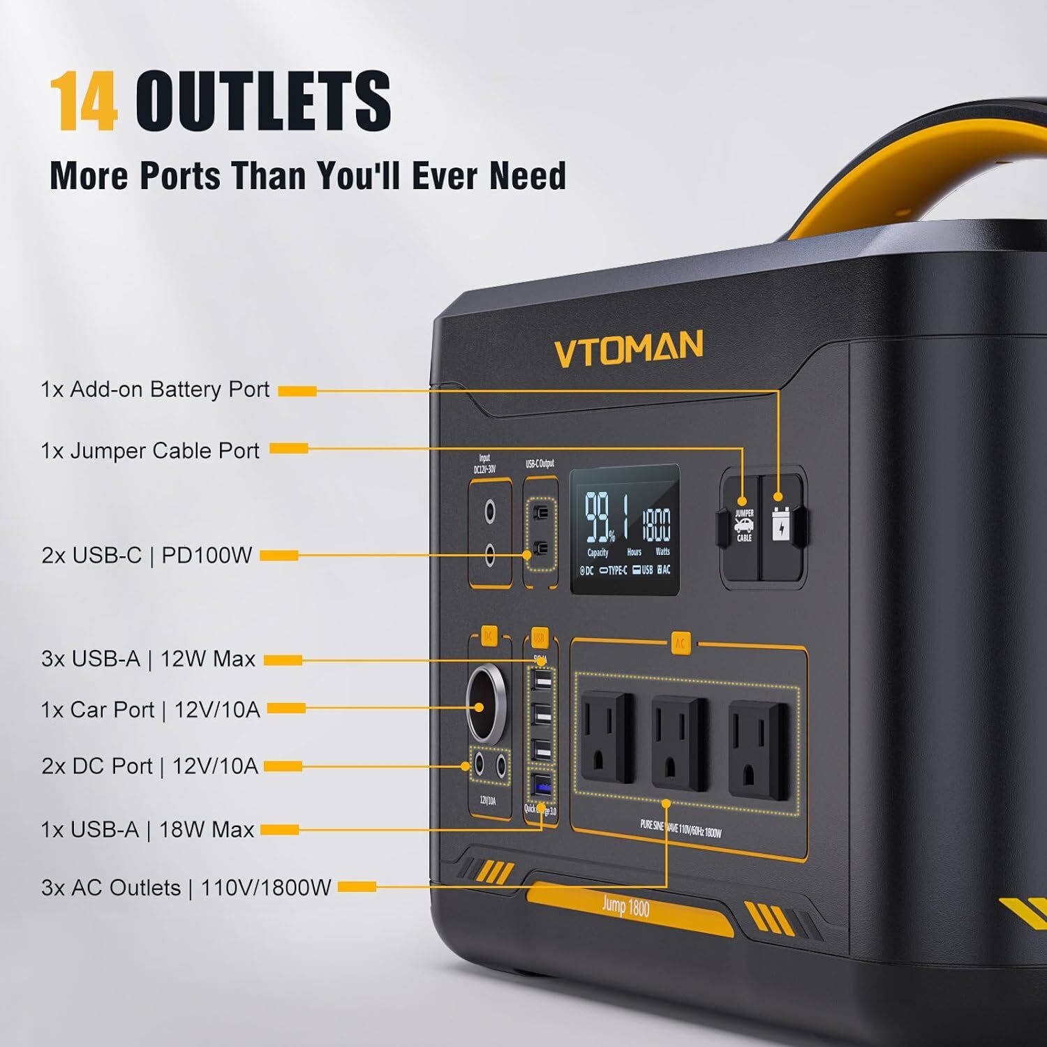 VTOMAN Jump 1800 Portable Power Station 1800W/1548Wh LiFePO4 Battery Generator