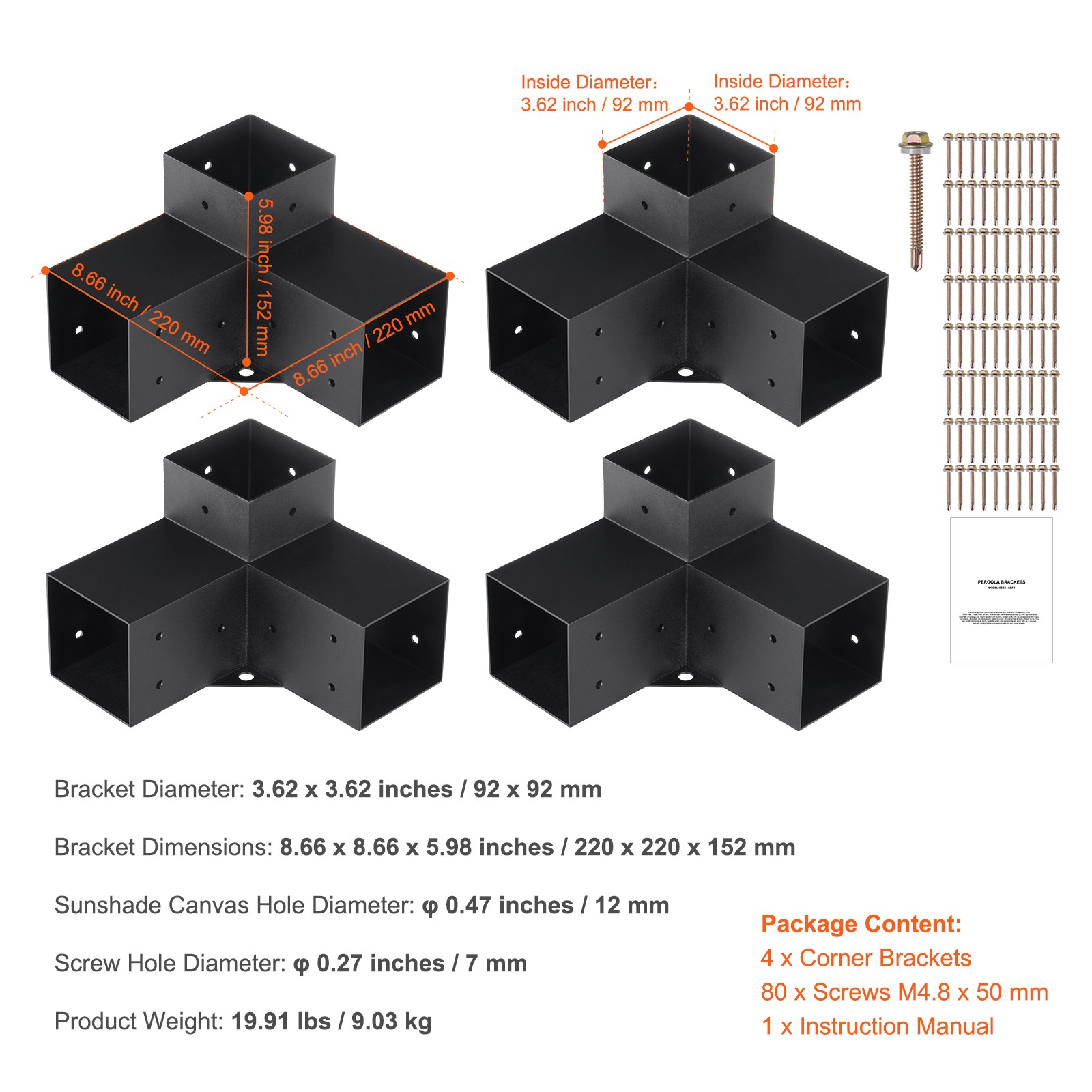 4”x4” Pergola Bracket Kit inner 3.6×3.6 3-Way Woodworks DIY Post 4 pcs