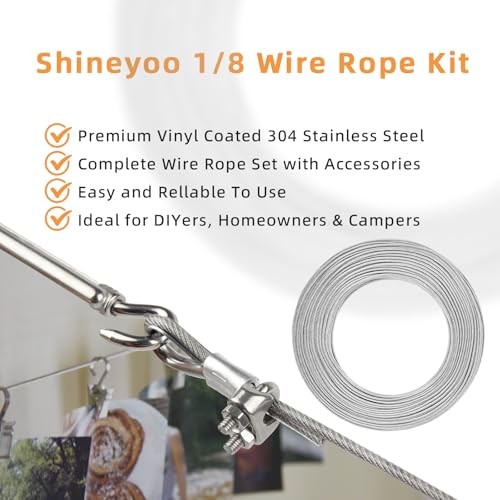 Shineyoo 300FT 1/8″ Wire Rope Kit – Vinyl Coated 304 SS, 7×7 Strands 1/8″-300FT