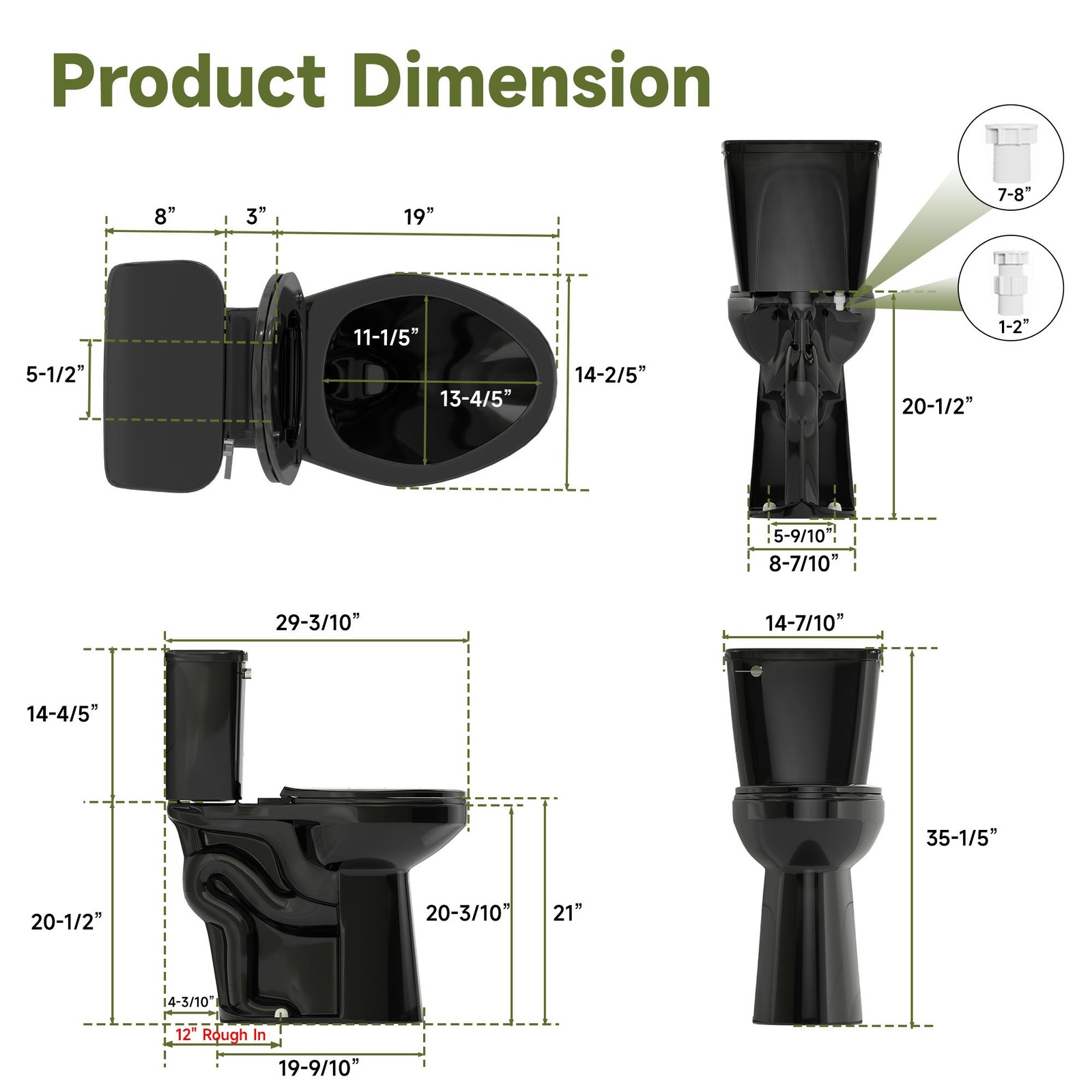 21″ Tall Two Piece Toilets for Seniors Elongated Bowl Soft-Close Seat 1.28 GPF