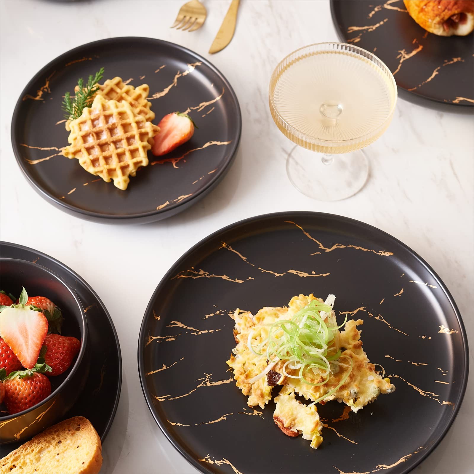 Pokini Black Gold Splash Dinnerware Sets, Marble Porcelain Plates and Bowls S…