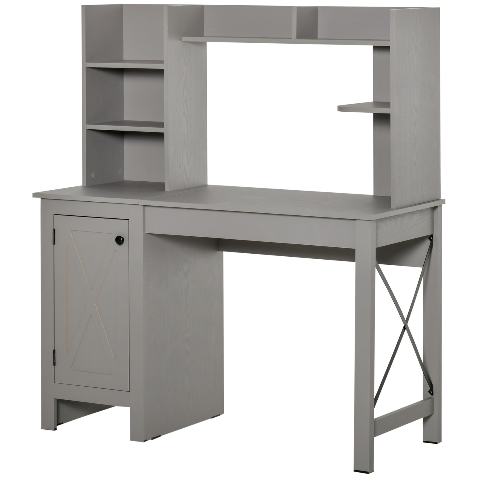 Farmhouse Computer Desk W/ Hutch Tabletop Cabinet, Home Office Study, Light Grey