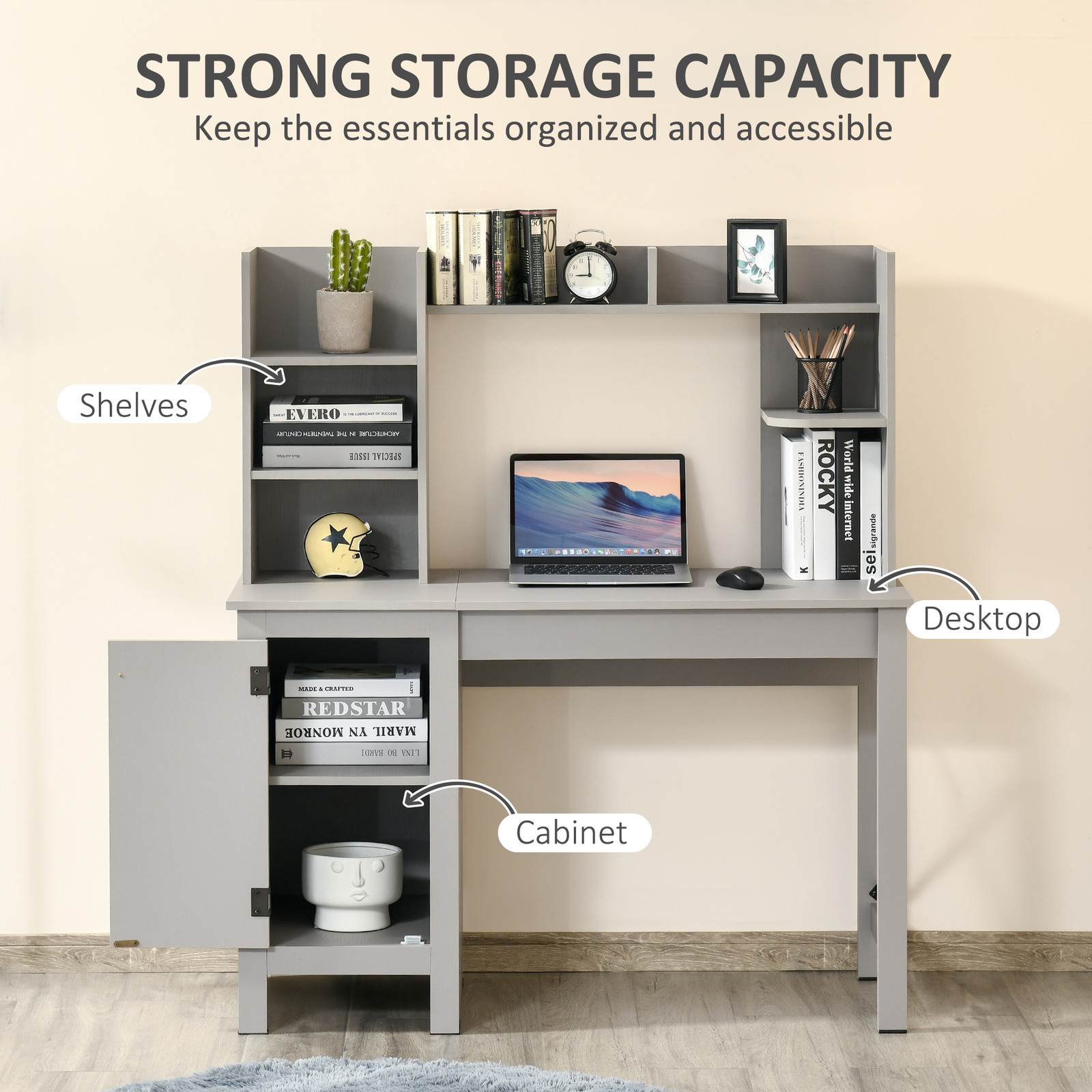 Farmhouse Computer Desk W/ Hutch Tabletop Cabinet, Home Office Study, Light Grey