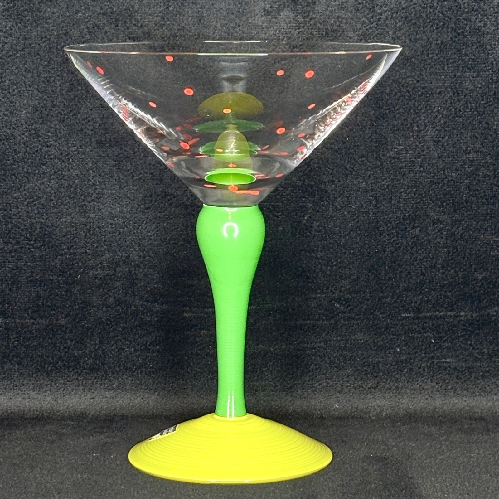 Orrefors Sweden Clown Martini Glass Anne Nilsson Signed Green Yellow Red Dot