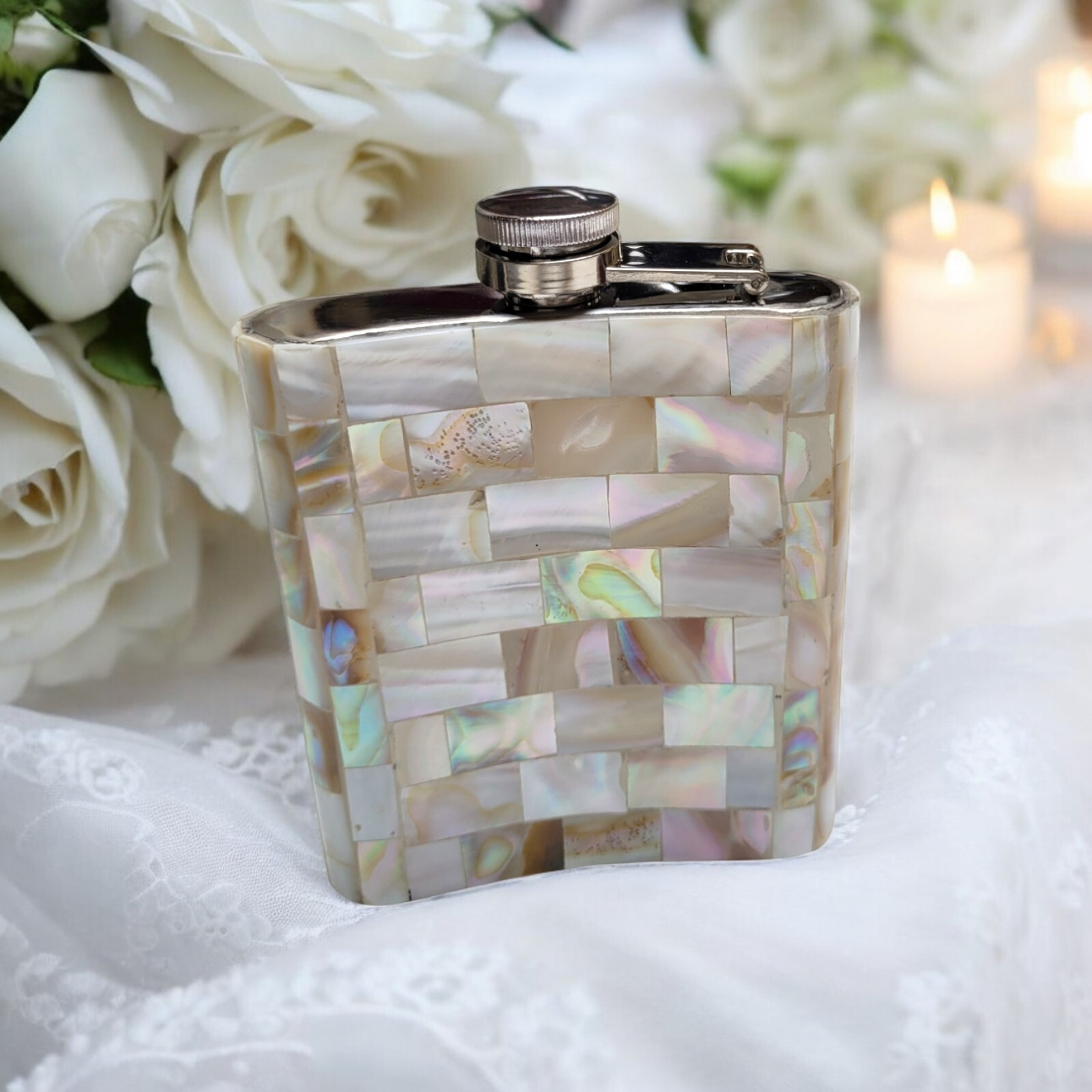 Handcrafted Mother of Pearl Pocket Wine Whisky Flask 7 Oz Stainless Steel 5”