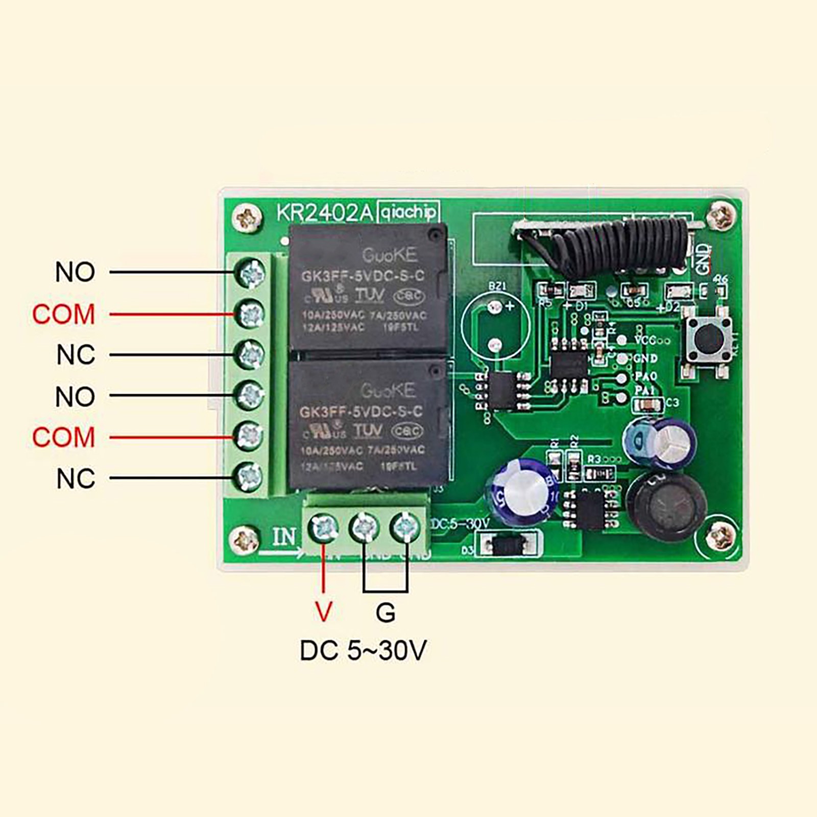 433MHz Universal Wireless Remote Control DC 6V 12V 24V 2CH RF Relay Transmitter