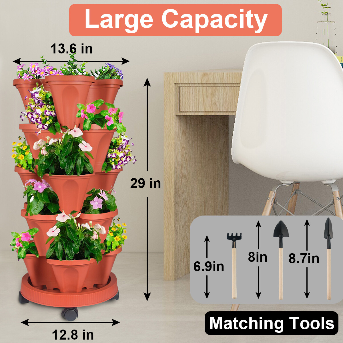 Vertical Planter 3-7 Tier Stackable Planters w/ Wheels & Tools Garden Tower Pot