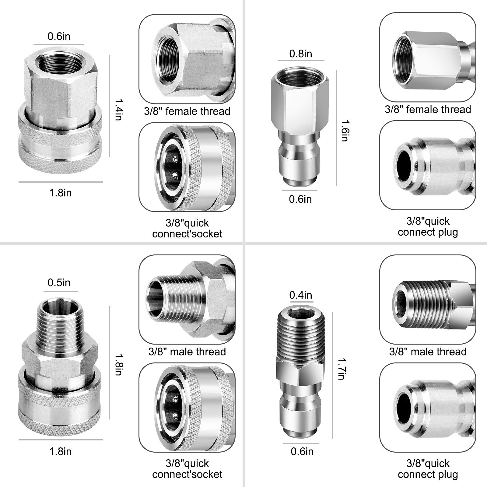 5000PSI Pressure Washer Quick Connect Fitting Stainless Steel 3/8″ Hose Adapter